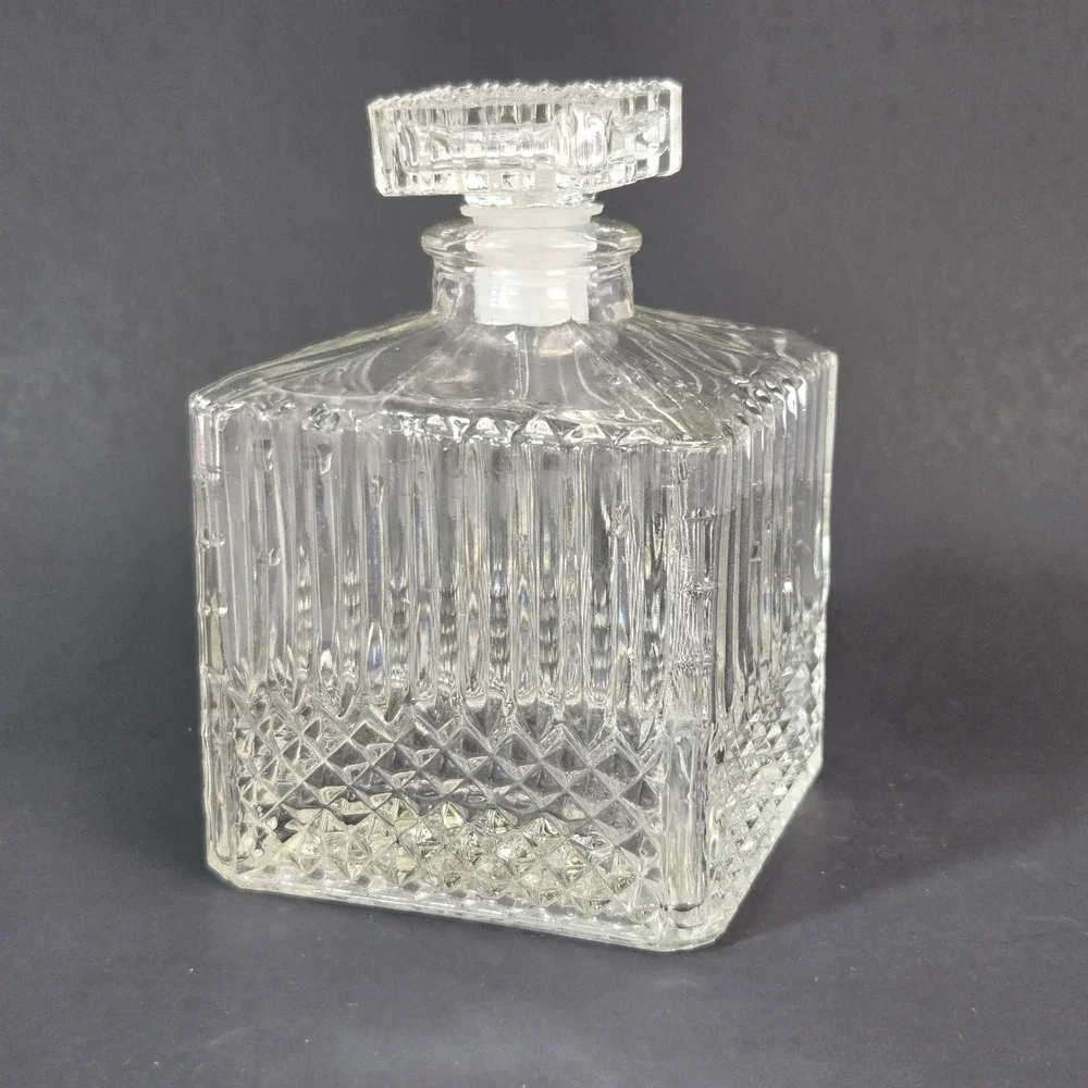 Vintage Glass Liquor Decanter Square Diamond Cut Fluted Barber Bottle Stopper